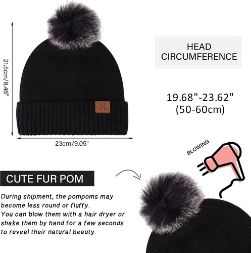 Vista 5 de Conjunto de gorro de punto cálido para mujer, bufanda larga, guantes para pantalla táctil, con forro polar, gorro de calavera con pompones, regalos