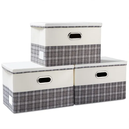 Vista 26 de PRANDOM Contenedores de almacenamiento con tapas [paquete de 3] cajas de almacenamiento plegables de tela de lino, canastas organizadoras, cubos