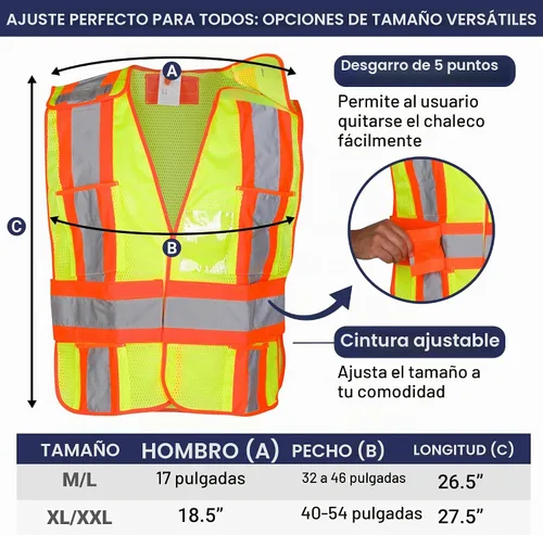 Vista 2 de Chaleco de seguridad de alta visibilidad, chaleco de seguridad ANSI Clase 2 con 5 bolsillos, amarillo con cierre de ajustable, malla transpirable