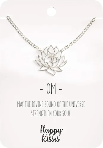 Vista 2 de Happy Kisses - Collar con colgante de flor de loto para yoga, con símbolo de OM, con tarjeta de mensaje, chapado en plata