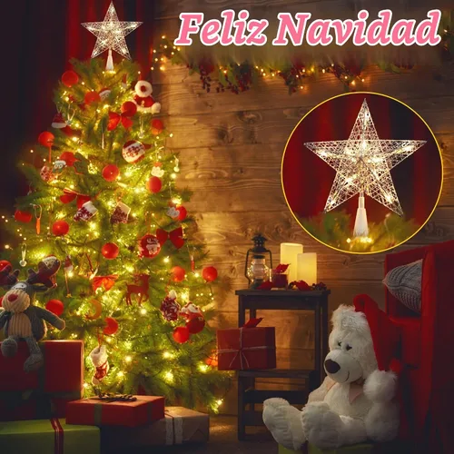 Vista 3 de BrizLabs Luces de Estrella para la Copa del Árbol de Navidad, Enchufables de 9" Pentagrama Luces para la Copa del Árbol de Navidad, Certificadas UL