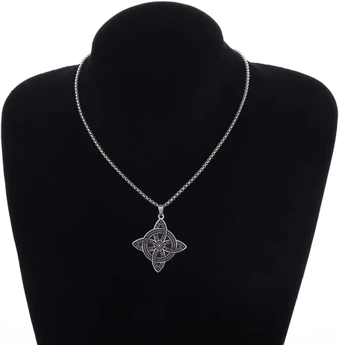 Vista 5 de Collar con colgante de nudo de bruja de acero inoxidable, diseño de color plateado, nudo celta, joyería de la suerte, regalo para amigos y familia