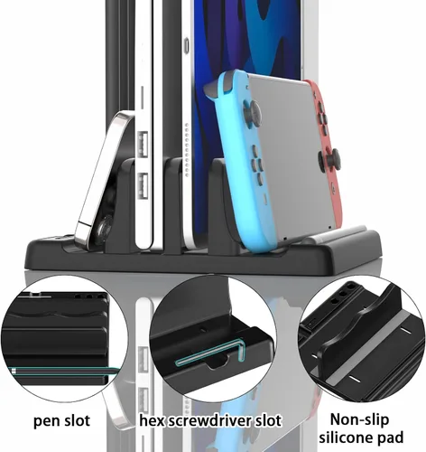 Vista 6 de Soporte vertical para laptop, soporte vertical de plástico ABS ajustable para laptop, ahorro de espacio 4 en 1, compatible con todos los MacBook Pro