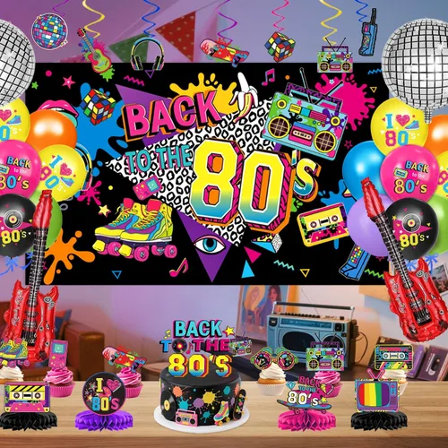 Vista 7 de Las decoraciones de fiesta de los años 80 incluyen telón de fondo, pancarta, espirales colgantes, globos de aluminio y látex, adornos para pasteles