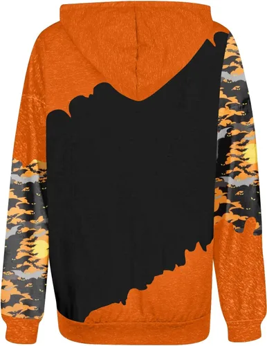 Vista 4 de Sudaderas con capucha de Halloween para mujer 2023 otoño, lindas sudaderas de gran tamaño con estampado de cara de calabaza con bolsillo