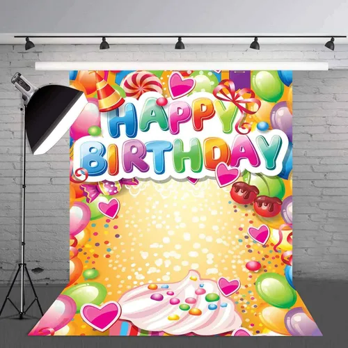 Vista 4 de Telones de fondo de fotografía de feliz cumpleaños, globos coloridos de 5 x 7 pies, fondo de fotos de dulces dulces para niños, fiesta temática