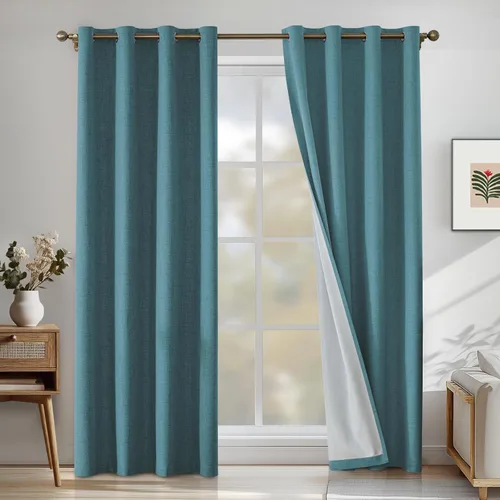 Vista 8 de Cortinas 100% opacas para dormitorio, cortinas opacas de 63 pulgadas de largo, cortinas opacas de lino para sala de estar, cortinas con ojales