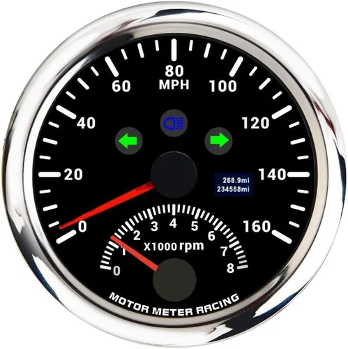 Vista 24 de MOTOR METER RACING W PRO 85mm 3-3/8" 2 en 1 Velocímetro GPS Tacómetro Odómetro Digital Kilometraje y Medidor de Viaje con Señal de Giro y Luz Alta