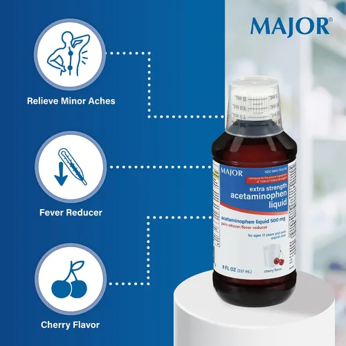 Vista 3 de MAJOR Acetaminofeno líquido extra fuerte para adultos, 500 mg, ayuda a aliviar el dolor y reducir la fiebre, sin aspirina, sabor a cereza, 8 onzas