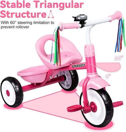 Vista 2 de Liberry Triciclo para niños de 2, 3 y 4 años, triciclo para niños con campana, cesta trasera y pedal extraíble, bicicleta de 3 ruedas, juguetes