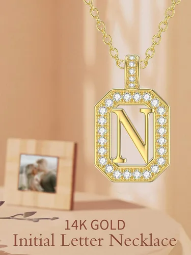 Vista 6 de DPUY Collar con dije de letra inicial del alfabeto de oro amarillo sólido de 14 quilates de la A a la Z para mujeres y niñas, joyería de regalo