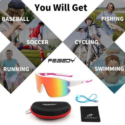 Vista 6 de FEISEDY Gafas de sol unisex para jóvenes, gafas de sol de béisbol y tenis, UV400 deportivas para niños y niñas, pantallas de ciclismo B4064