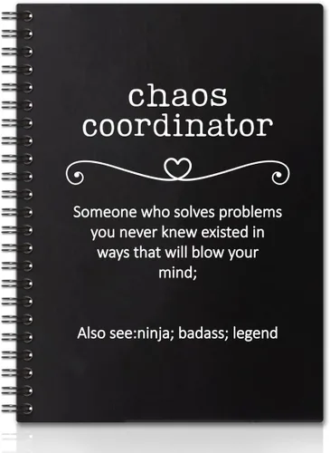 Vista 8 de Chaos Coordinator - Cuadernos de espiral de tapa dura negra y dorada, cuaderno de coordinador del caos, regalos de agradecimiento para empleados