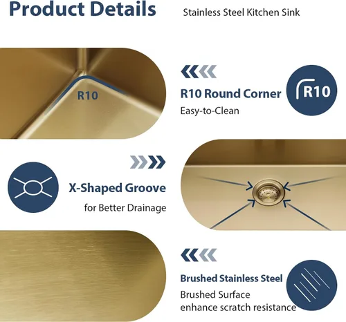Vista 6 de Lordear 33 Inch Matte Gold Double Bowl Kitchen Sinks Gold-Workstation