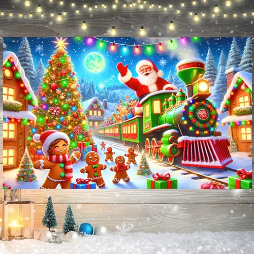 Vista 2 de BlissYard Telón de fondo de tren de Papá Noel, 71 x 43 pulgadas, pancarta de escena de Navidad de pan de jengibre, fondo de fotos para fiestas
