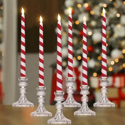 Vista 9 de Baquler 6 velas cónicas sin llama de Navidad de 10.6 pulgadas con temática de elfo, velas LED de Navidad que funcionan con pilas, candelabros