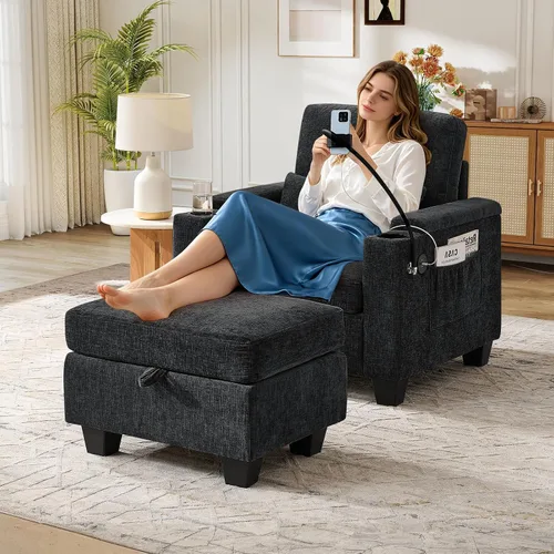 Vista 25 de Chaise Lounge Chair para interiores con puerto USB y soporte para teléfono, sillón reclinable pequeño de felpilla con otomana de almacenamiento