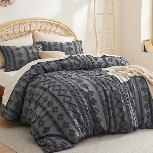 Vista 2 de Bedsure Funda de edredón bohemia tamaño Queen, bordado copetudo, 3 piezas, gris oscuro 15 - Gris oscuro - Elegante (sin edredón)