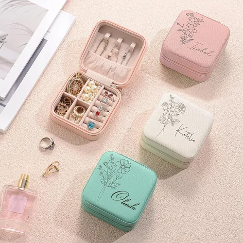 Vista 6 de Joyero personalizado personalizado de viaje, joyero de cuero, pequeño regalo personalizado para mujeres y niñas, nombre y mes de la flor