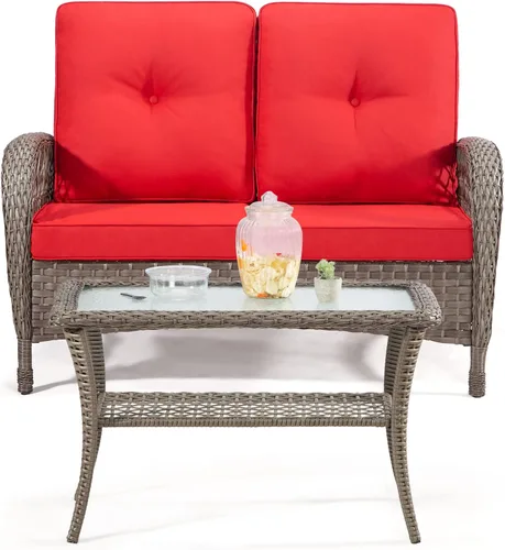 Vista 6 de Joyside Juego de muebles de mimbre para patio, juego de conversación de 2 piezas con un asiento de amor y una mesa de café, sofá y mesa de ratán
