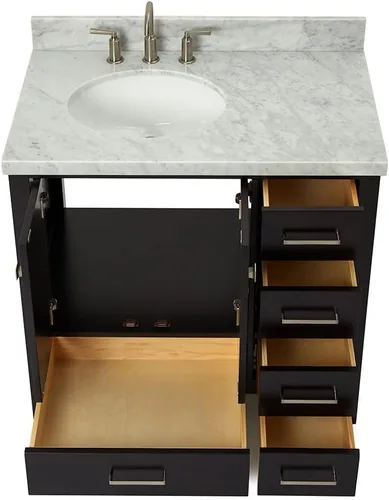 Vista 10 de ARIEL Cambridge - Mueble de baño con lavabo de 36 pulgadas, madera maciza, encimera y salpicadero italiano de mármol de Carrara de 1.5 pulgadas
