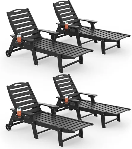 Vista 32 de Tumbona al aire libre, silla de descanso al aire libre con textura de madera, respaldo ajustable de 5 posiciones, silla de salón de polietileno