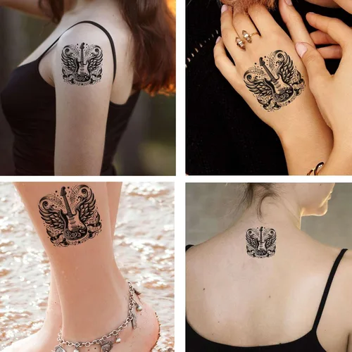Vista 2 de 6 hojas de tatuajes falsos temporales para hombres y adultos, guitarra eléctrica, rosas, alas de ángel, notas musicales, rollo de rock, tatuaje
