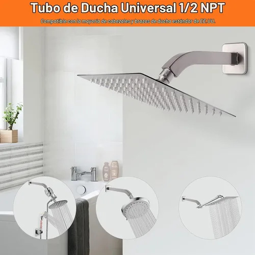 Vista 4 de Brazo de ducha HarJue con brida y cinta de teflón, brazo de extensión de tubo de ducha cuadrado montado en la pared de acero inoxidable 304
