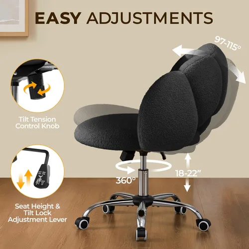 Vista 4 de Yaheetech - Silla de escritorio tapizada Boucle con forma de nube, silla de tocador ajustable para oficina en casa, computadora con ruedas para sala