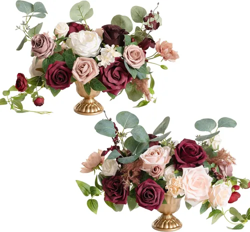 Vista 9 de Ling's moment Flores artificiales magenta con jarrón para decoración de mesa de boda, ramo de centro de mesa, maceta para ceremonia, recepción