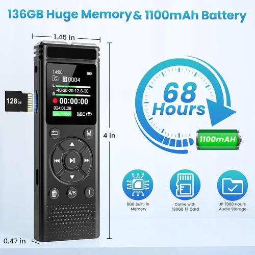 Vista 3 de Grabadora de voz digital de 136 GB con reproducción, dispositivo de grabación de audio de 9000 horas, grabadora activada por voz con reducción