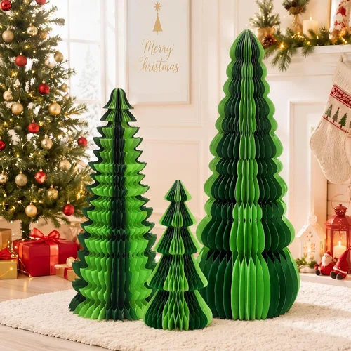 Vista 15 de 3 piezas de árbol de Navidad grande de panal, clásico, beige, verde, marrón