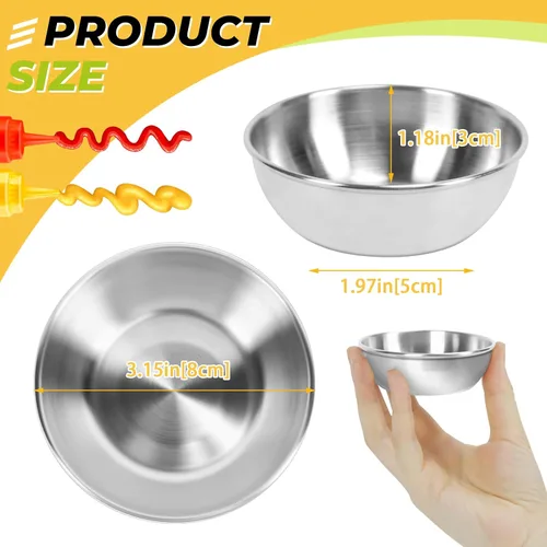 Vista 2 de 6 platos de salsa de acero inoxidable, cuencos redondos para condimentos, mini platos de aperitivo, platos para mezclar sushi (3.15 x 1.18 pulgadas)