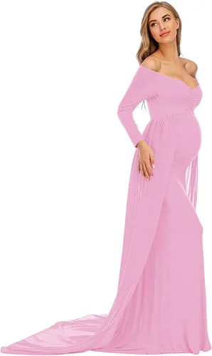 Vista 5 de ZIUMUDY Vestido de maternidad de manga larga con hombros descubiertos, vestido de gasa para sesión de fotos, baby shower