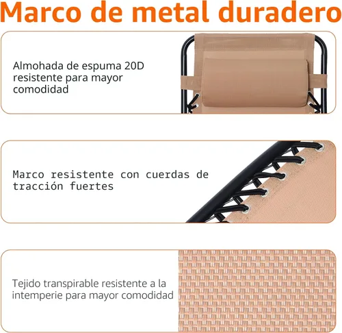 Vista 5 de Amazon Basics - Silla de patio para exteriores con gravedad cero, acolchada, reclinable, plegable y ajustable, con almohada, de Textilene, sillas