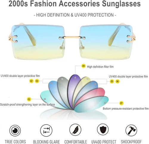 Vista 3 de BAWUYI Gafas de sol rectangulares sin montura de los años 90 años 2000 para mujeres y hombres accesorios Y2K vintage retro sin marco gafas cuadradas