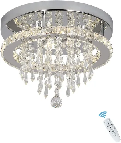 Vista 13 de Deckrico Candelabro de cristal moderno LED para techo, montaje empotrado, de acero inoxidable, pantalla de luz con cuentas para dormitorio, comedor