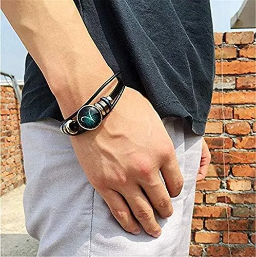 Vista 2 de Pulsera de cuero trenzado a mano con 12 cuentas de constelación para hombre estilo retro 2