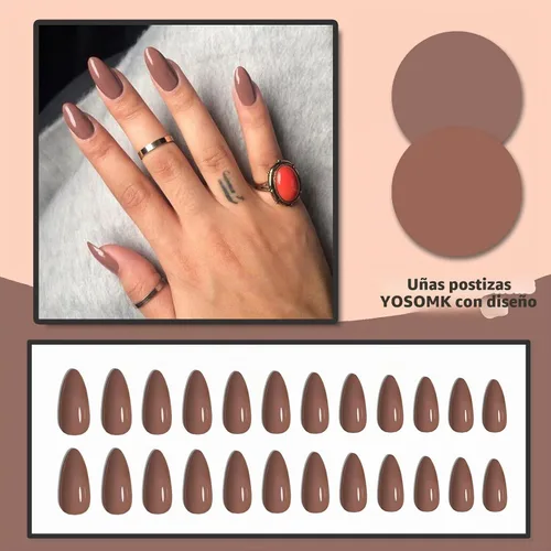 Vista 3 de Uñas postizas a presión marrón café, uñas postizas medianas de almendra, color sólido, cobertura completa, uñas postizas artificiales brillantes