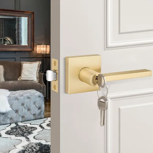 Vista 41 de EHOMEWARE Juego de manijas dobles para puerta delantera, paquete de 1 manija de puerta cuadrada de latón satinado, combinación de perilla de puerta