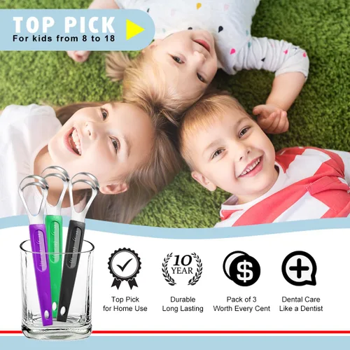 Vista 5 de Paquete de 3 raspadores de lengua de metal para niños y adultos, limpiador de lengua de acero inoxidable con estuche de viaje