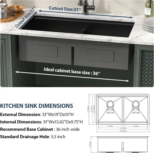 Vista 8 de Lordear 33 Inch Matte Black Double Bowl Kitchen Sinks