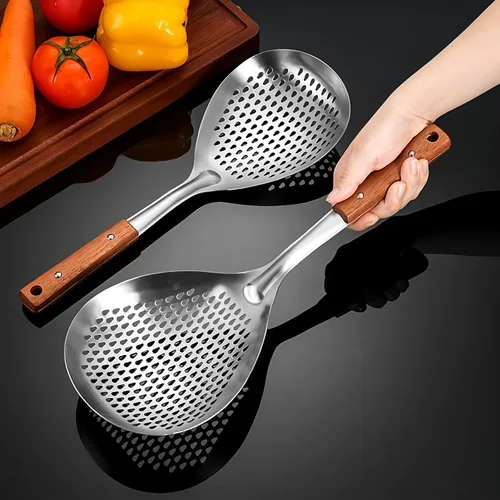 Vista 5 de Colador de araña de acero inoxidable con mango de madera para freír pasta, utensilios de cocina Small fine wire mesh strainer spoon, multipurpose