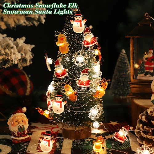 Vista 4 de [Temporizador] Luces de Navidad a pilas de 10 pies de Papá Noel, alce, copo de nieve, luces para decoración de árboles en interiores y exteriores
