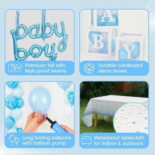 Vista 4 de Decoraciones de baby shower para niño, todo en uno, incluye decoración azul para baby shower, juego de 165 piezas, juego de 165 piezas, decoración
