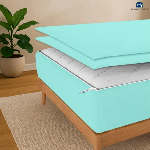 Vista 3 de Sábana Bajera Ajustable con Cremallera - Incluye 1 Base Ajustable + 2 Sábanas con Cremallera - Fácil de Cambiar, No se Saldrá de la Sábana Aqua Blue