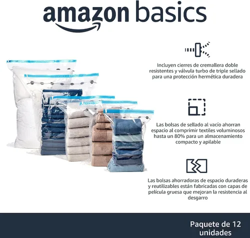 Vista 2 de Amazon Basics - Bolsas de almacenamiento de compresión al vacío para ahorrar espacio con bomba de mano para viajes, múltiples tamaños para ropa