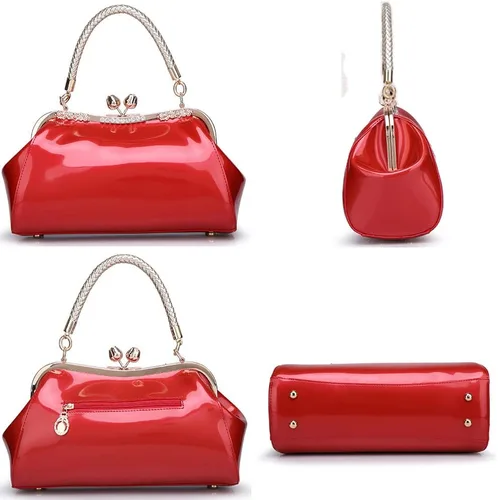Vista 5 de ZiMing Bolsos de charol brillantes para mujer, bolsos vintage con cerradura de beso con asa superior de metal, bolsos de noche
