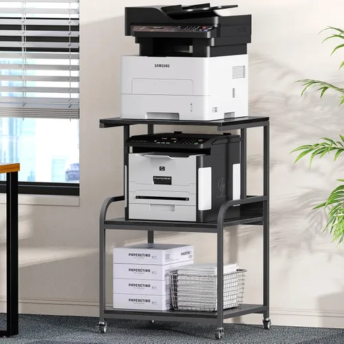 Vista 17 de EasyCom Soporte de impresora grande con cajón de almacenamiento, 5 estantes ajustables y carrito rodante de 3 niveles con ruedas industriales