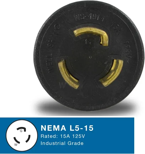 Vista 6 de Conntek 30120 Enchufe de bloqueo UNO NEMA L5-15P a NEMA 5-15R Adaptador de 125 voltios Negro, 1PCS/PK